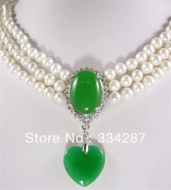 

3 row 6-7mm Gemuine Freshwater White pearl women necklace Green heart jade pendant