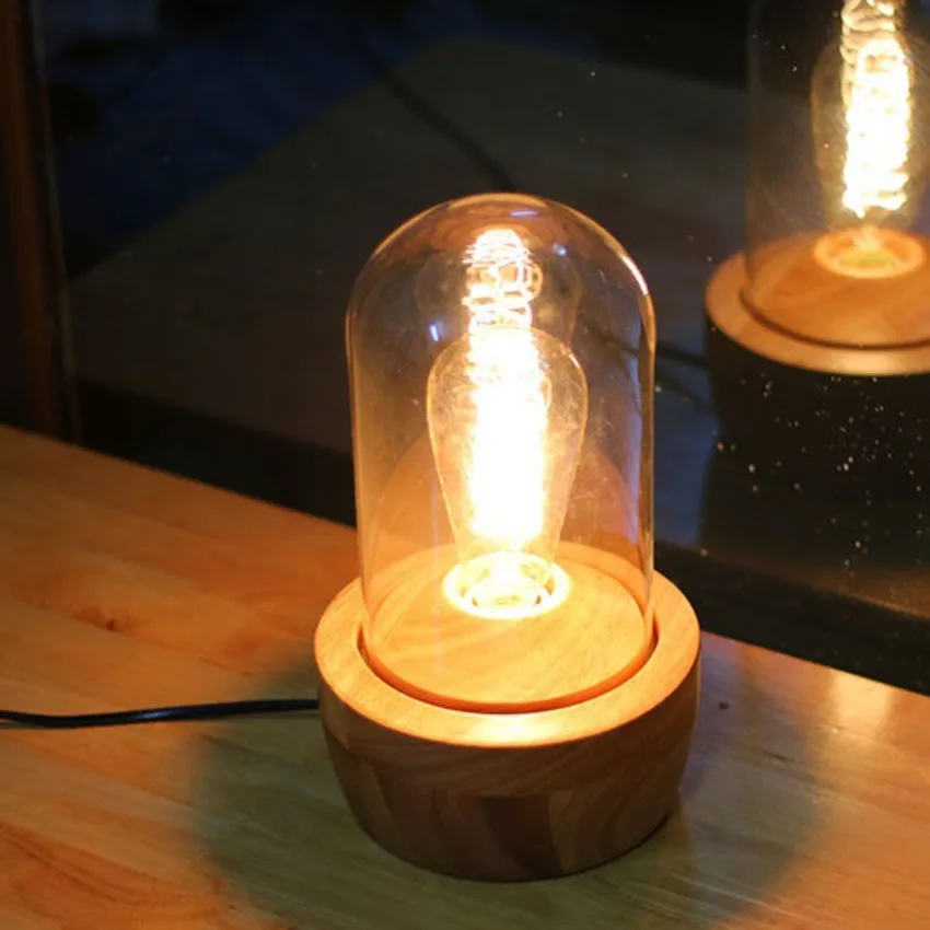 

JW_Loft Modern Table Lamp E27 Holder Edison Bulb,Wood Base Light,Dimmer Switch Control Desk Lamp,Bar Home Lighting Fixture Decor
