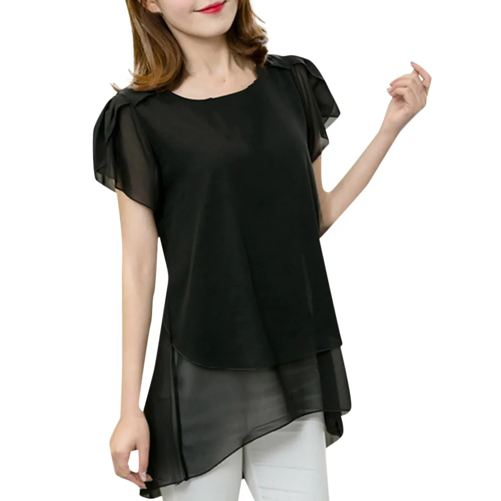 Ladies' Tops 2019 Women's Short-Sleeved Chiffon Shirt Tops Shirt Large Size Loose Long Section