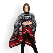 Новая мода геометрический полосатый шерсть пончо шарфы женские плащи шарф леди зимние толстые теплые мыс обертывания роскошные высокого качества