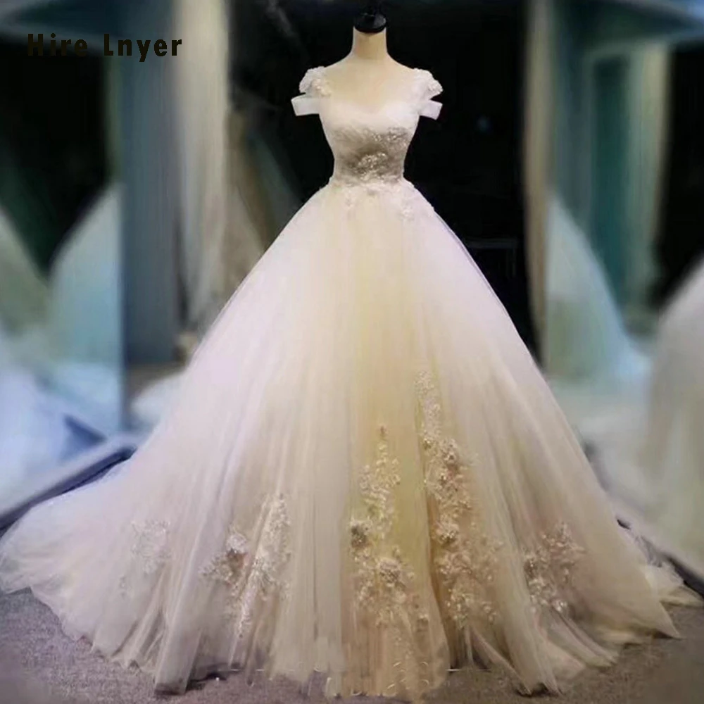 HIRE LNYER Custom Made Short Sleeve Lace Up Pleat Beading Pearls Flowers Princess Ball Gown Wedding Dress Alibaba Vestido Branco | Свадьбы и