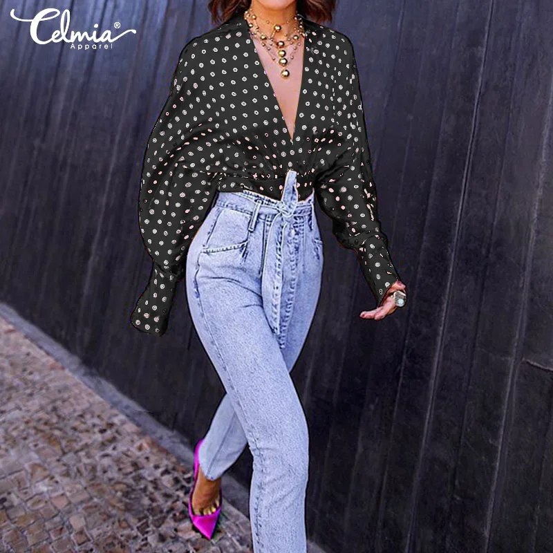 

Elegant Women Tops and Blouses Celmia 2019 Autumn Sexy Deep V-neck Long Sleeve Polka Dot Print Female Shirts Blusas Plus Size