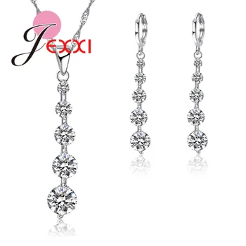 

Fashion Round Cubic Zirconia Long Drop Earrings Necklace 925 Sterling Silver Jewelry Sets for Women Wedding Party