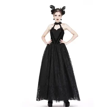 

Darkinlove Women Gothic Dress Black Sleevess Backless Multilayer Velvet Lace Ankle Length Gown