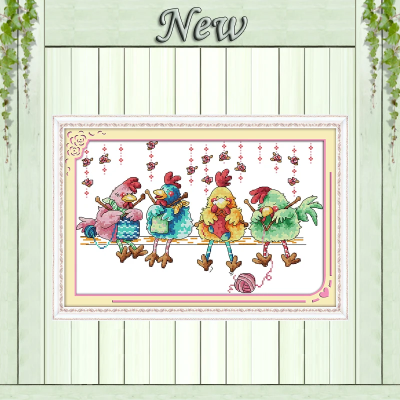 

The chicken knitting a sweater cartoon painting Counted print on fabric Cross Stitch Needlework kits DMC 14CT 11CT Embroider Set