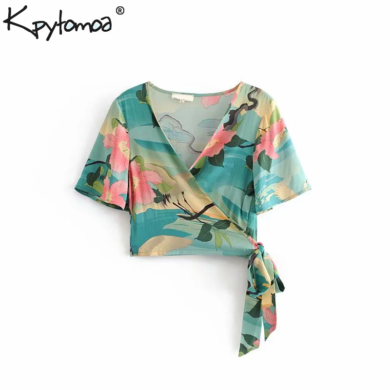 

Boho Chic Summer Crop Tops Vintage Floral Crane Print Wrap Blouses Women 2019 Fashion V Neck Beach Short Shirts Blusas Mujer