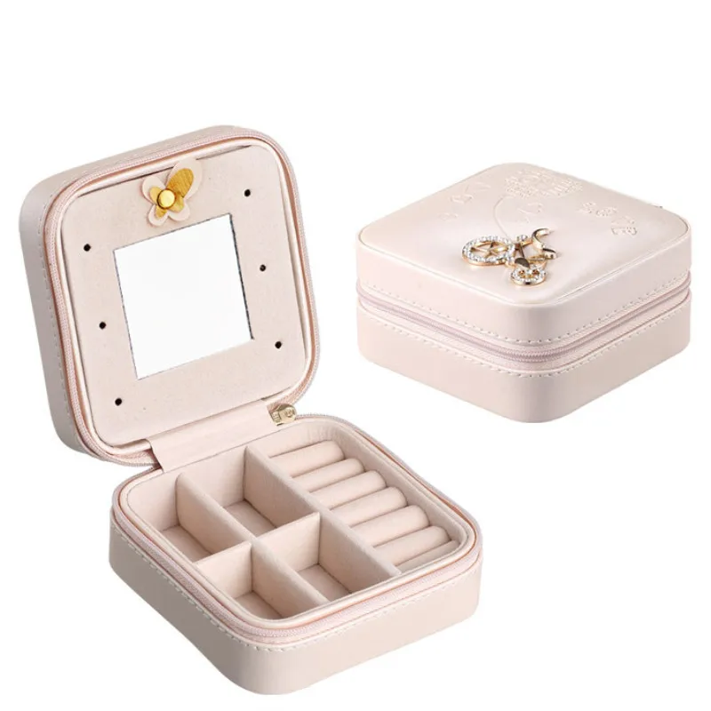 

Korean Creative Jewelry Box Organizer Travels Portable Leather Ring Bracelet Earring Display Storage Drawer Box Case with Mirror