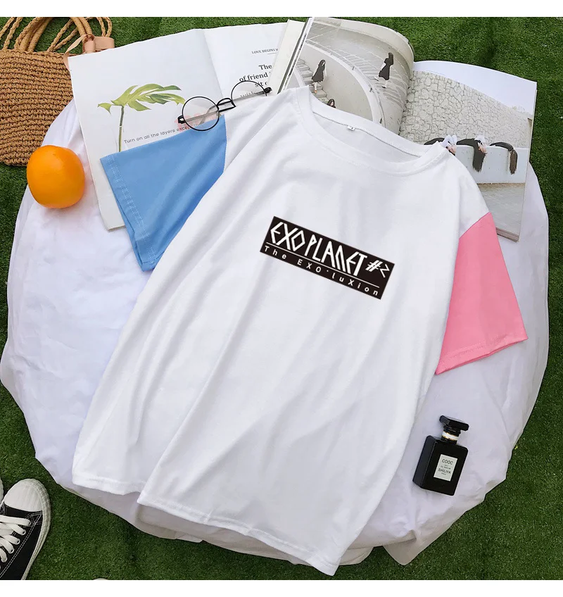 Fashion Summer Letter Print T Shirts Women Korean Kpop EXO Tops Tee Shirt Femme Casual Harajuku Multicolor Spliced Cotton Tshirt (2)