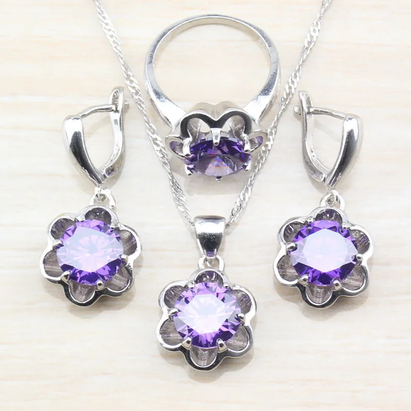 

925 Silver Romantic Women Costume Flower Purple Crystal Jewelry Sets Earrings/Necklace&Pendant/Ring Size 6/7/8/9/10 S82
