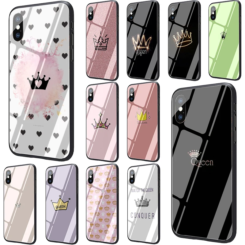 cheap PRINCESS Queen crown king Tempered Glass Phone case for iphone 5 5s SE 6 6s 7 8 Plus X XR XS Max