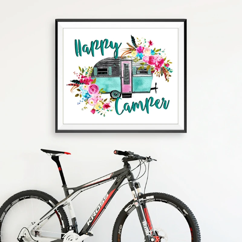 Camper с цветочным принтом акварельные парусиновые винтажные наклейки синий Camper фургон автобус Декоративная Настенная картина Береговая