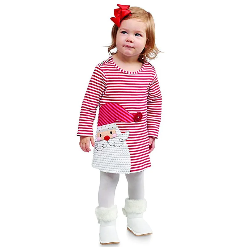 

2018 Xmas Girl Dress Red Striped Children Dress Santa Claus Emrboideried Kids Dresses New Years Girl Blouse Kids Clothing