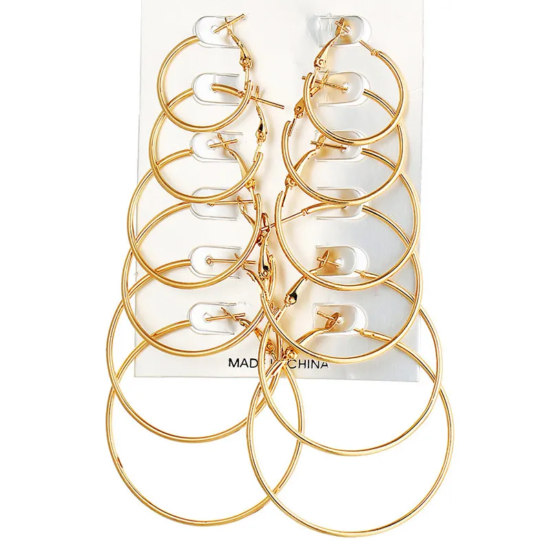 

6 Pairs Big Hoop Earrings For Women Gold Silver Color Round Circle Earrings Hoops Ear Sets Jewelry Wedding Party Brincos Gifts
