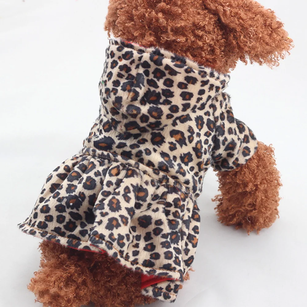 Леопардовое платье для домашних собак, топы, хлопковая толстовка с капюшоном для щенка, шерстяной круглый вырез, милый зимний костюм для животного, одежда с обеих сторон, леопардовая одежда