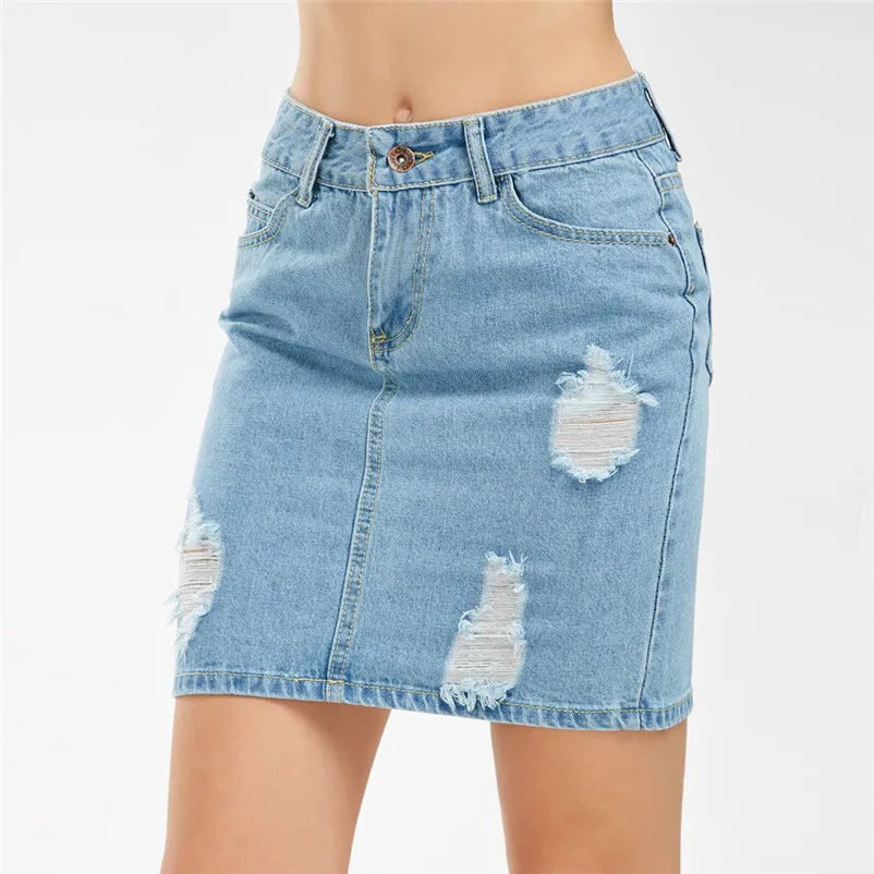 New Fashion 2018 Summer style skirts womens casual Denim Jeans Solid Hole Button Short Skirt Femme mini skirt Saia Y10#N (9)