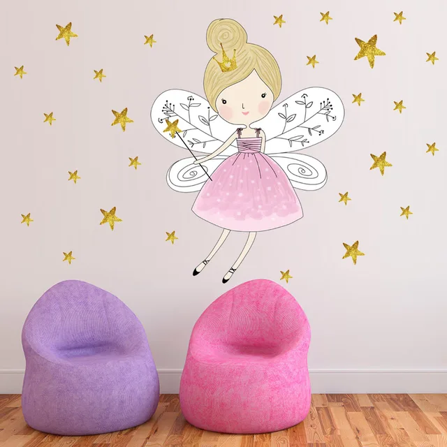 44pcs Stars Cartoon Fairy Girl Wall Sticker Removable PVC Magic Princess Decals For Kid Room Girls Gift Poster DIY Home Decor