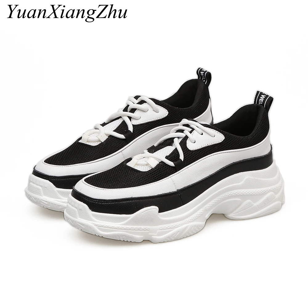 

Harajuku Women's Platform Sneakers 2018 Fashion Mesh Flats Women shoes White/Black Lace-up Walking Shoes Woman Casual Footwear