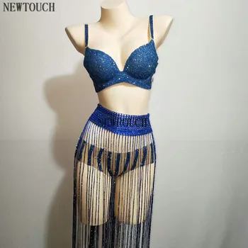 

"Sexy Tassels Crystals Bikini Set Female Singer Dancer Sexy Leggings Costume Big Stretch Bodysuit Nightclub Oufit Party Wear Out