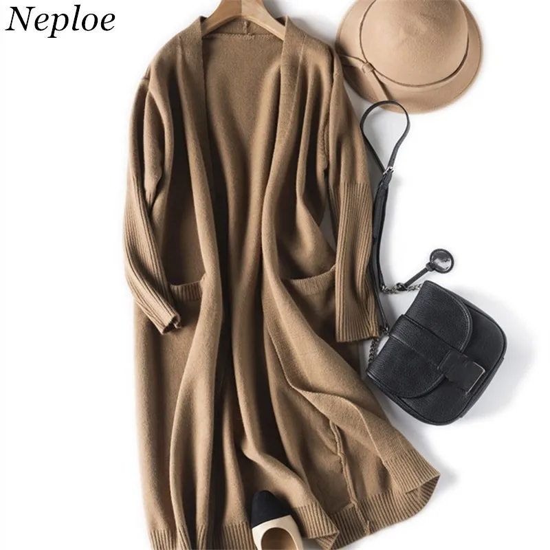 

Neploe New Knitted Women Cardigan Chaqueta Mujer Pockets Long Sweater Solid Knitwear Autumn Winter New Loose Sueter Mujer 68148