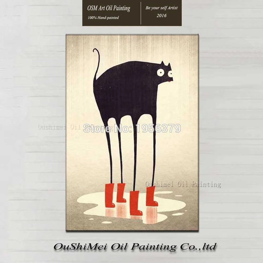 

The tall thin black cat big white eyes Be terrified in a red shoes handmaked oil painting on canvas