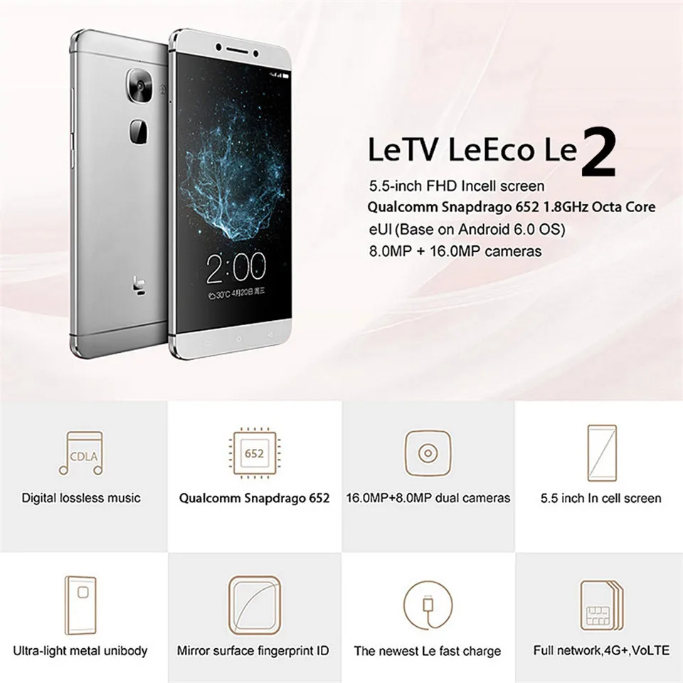 Letv Le 2X520 4G LTE мобильный телефон 32G rom Android 6,0 смартфон Восьмиядерный 5,5 дюймов 16 МП камера отпечаток пальца 1080P