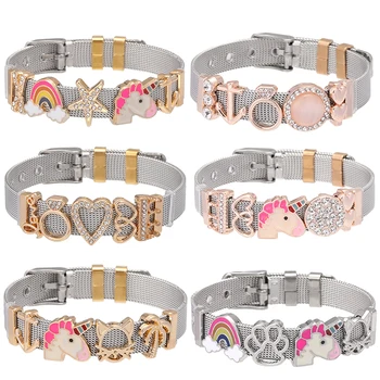 

New Design Jewelry Stainless Steel Keeper Mesh Bracelet Set with Heart Rainbow Unicorn Fine Charms Bracelets As Women Gift