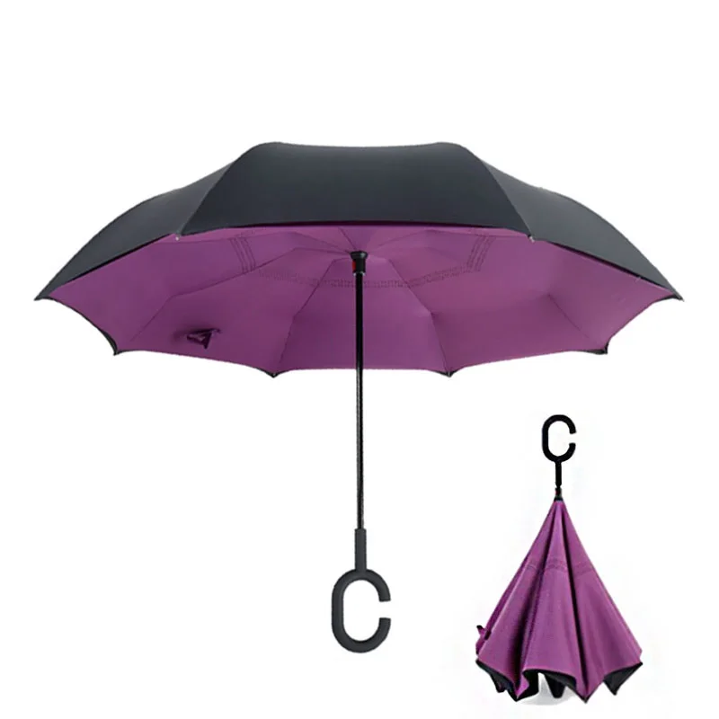 

Inverted Reverse Folding Umbrella Purple Unbrellas Fabric Double Layer Windproof Rainproof UV Protection Long Handle Umbrellas