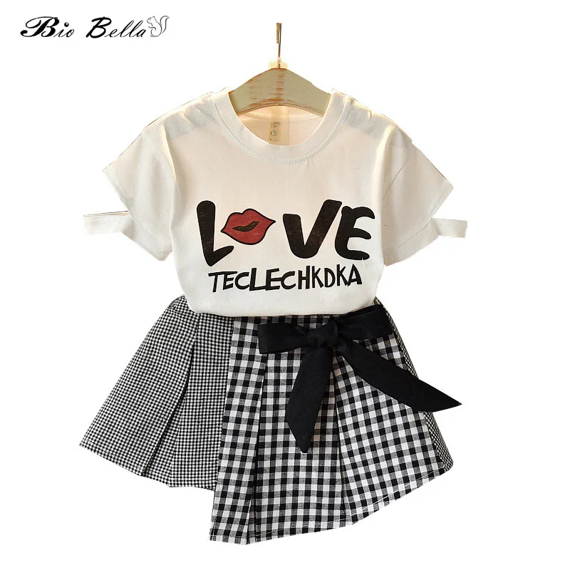 

Summer 2PCS Girls Set Toddler Love Letter Printed Short Sleeve White T-shirt+Plaid Skirts Girl Outfits Fashion Kids Clothes