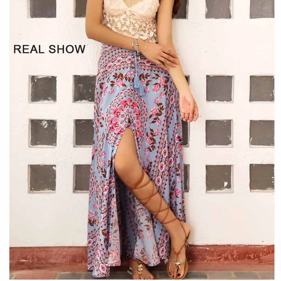 

Hippie long skirt 2017 summer beach floral print Middle button elastic waist tassel Holiday brand BOHO Women Skirts saia