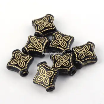 

Rhombus with Flower Plating Acrylic Beads, Golden Metal Enlaced, Black, 10.5x10x4mm, Hole: 1mm; about 3000pcs/500g