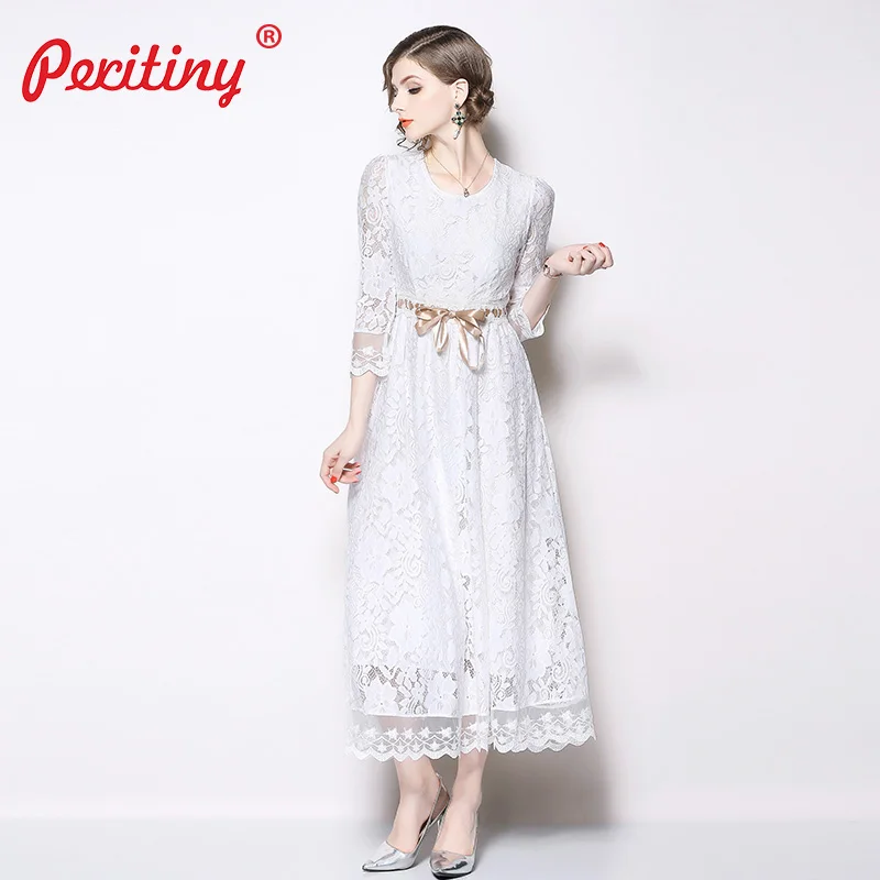 

Peritiny White Lace Dress Solid A-Line Vestidos Ankle-Length Ribbon Belt Slim Maxi Dress Party Spring Autumn roupas feminina