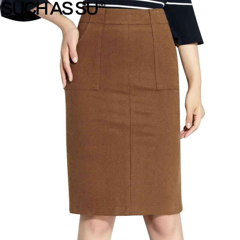 SUCH AS SU Brand New 2017 Winter Wool Skirts Womens Brown Knee Length S