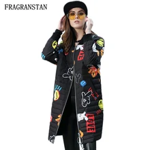 Женский зимний модный Ультра-светильник, Черный пуховик с надписями и мультяшным принтом, милые парки, повседневное Свободное пальто JQ494