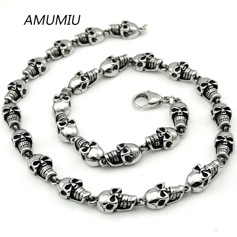 

AMUMIU punk skull chain trendy stainless steel 55cm 9mm rock casting pirate style skeleton necklace for mens HZP102