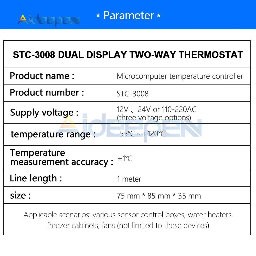 STC-3008 Led двойной дисплей двусторонний термостат DC 12 В красный и синий двойной зонд микро-контроллер температуры термометр