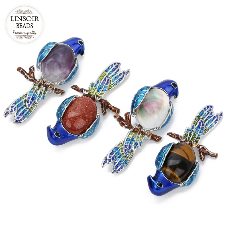 

LINSOIR 2018 Cute Animal Parrot Brooch Natural Tiger Eye Rose Quartzs Lapis Lazulis Stone Cabochon Pin Brooches Jewelry