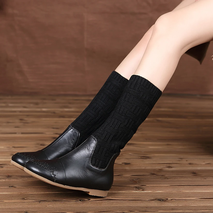 

HUIZUMEI 2019 Winter Boots Stylish Flats Mid-Calf Genuine Leather Warm High Boots Retro Soft Round Toe For Women Ladies Boots