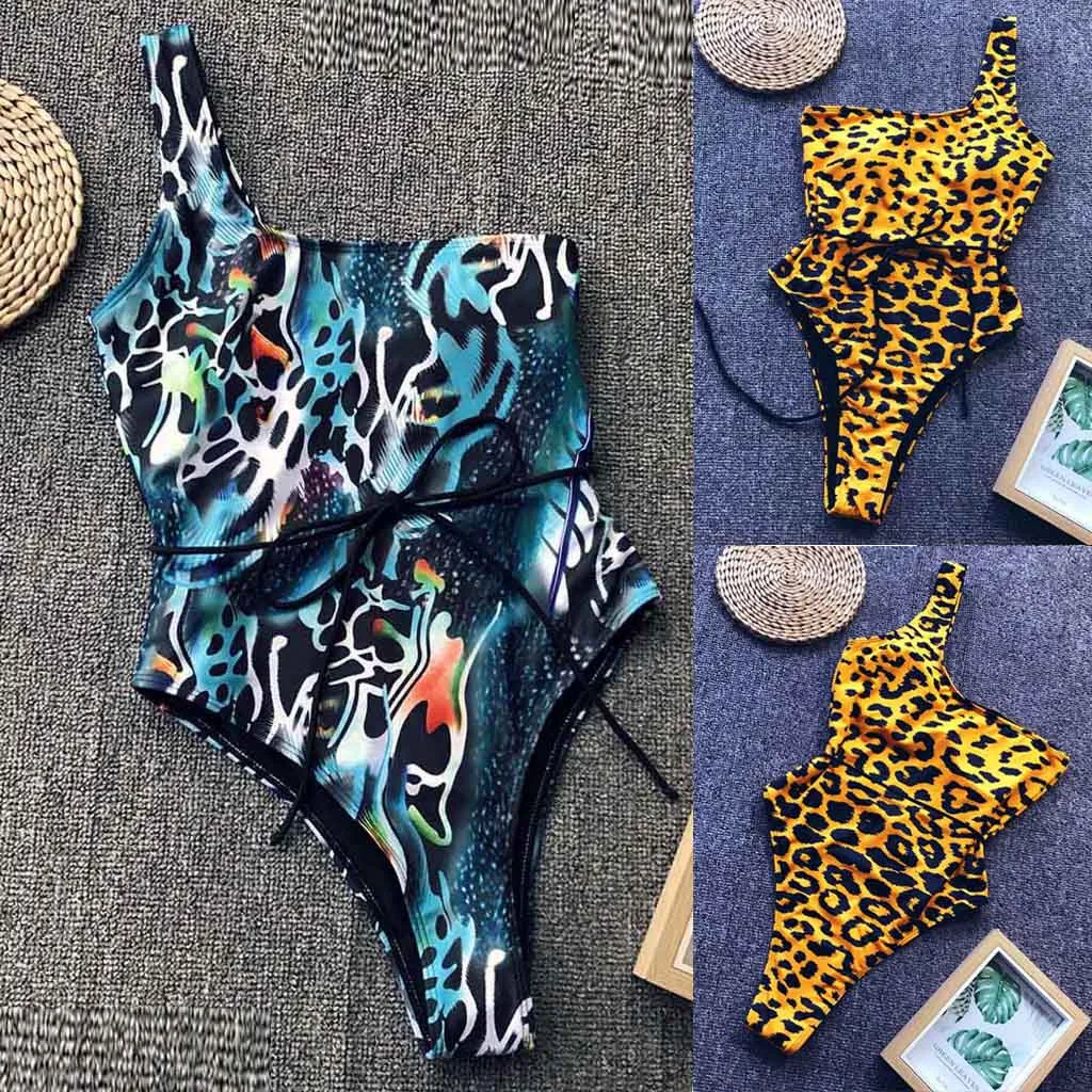 

Summer Sexy Women Leopard One-Piece Bikini Push-Up Padded Bra Swimwear Blue Yellow Swimsuit Bandage Belt One Shoulder Beachwear
