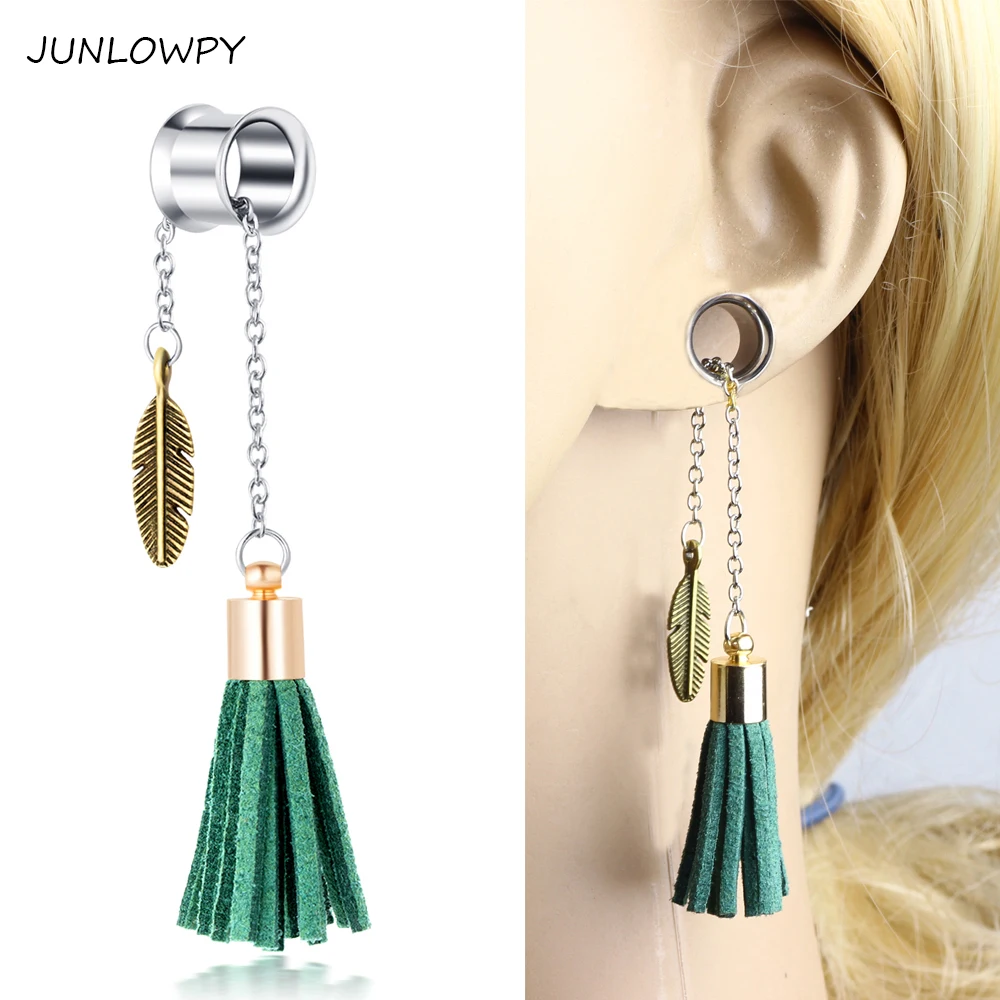 JUNLOWPY 2pcs Dangle Ear Flesh Tunnel Double Flare Hollow Fashion
