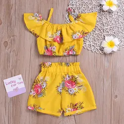 Цветочный Желтый рюшами ремень Растениеводство топ и шорты штаны для маленьких девочек летняя одежда из хлопка для маленьких девочек