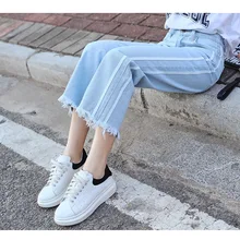 В стиль летом и осенью студентов с эластичной талией мешковатые джинсы Широкие брюки с бахромой синий Штаны ковбой 8016