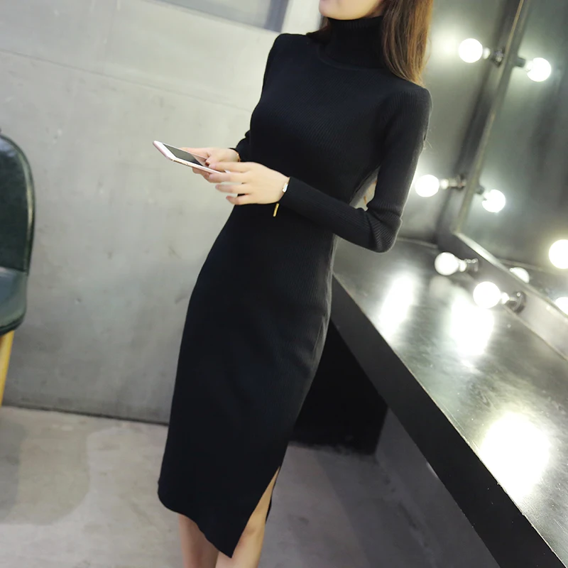 

2019 Autumn Winter Sweater Female Turtleneck Shirt Slim Thick Long Sleeved Long Paragraph Knee Sweater Dress