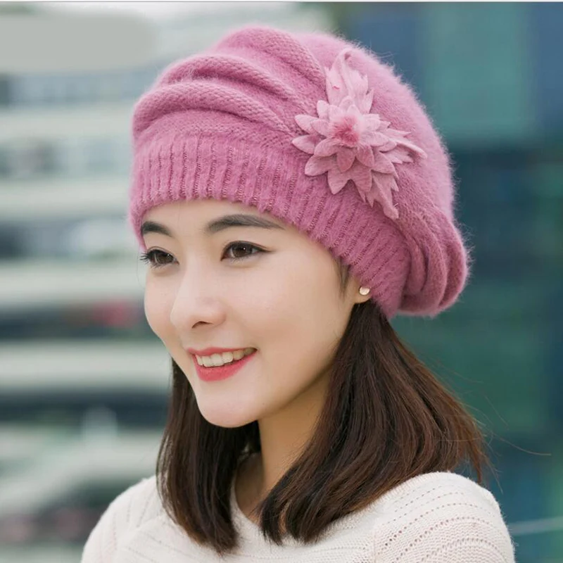 

Hot Berets Hat Beanie Fashion Spring Autumn Winter Hat Warm Flower Knit Crochet Cute Casual Cap For Women's Girl Female