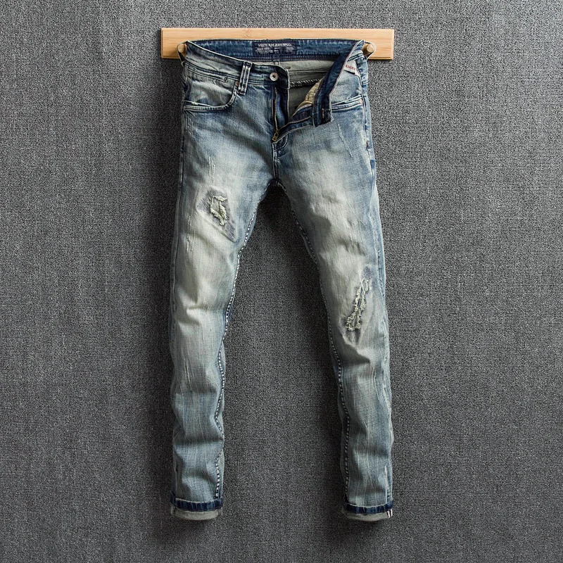 

Fashion Streetwear Men Jeans Slim Fit Retro Wash Ripped Jeans Men Elastic Distressed Pants Vintage Designer Hip Hop Jeans Hombre