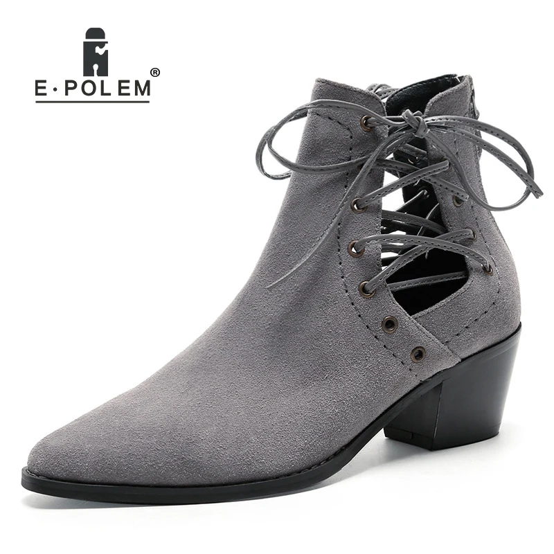 

2018 New Female Matting Genuine Leather Boots Pointed Toe Vintage Cross-tied Ankle Boots Low Middle Heel Women Casual Short Boot
