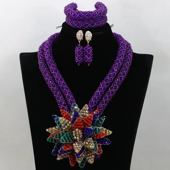 

Elegant Women Crystal Bridal Necklace Set Purple African Nigerian Wedding Beads Floral Jewelry Set Free Shipping WA551