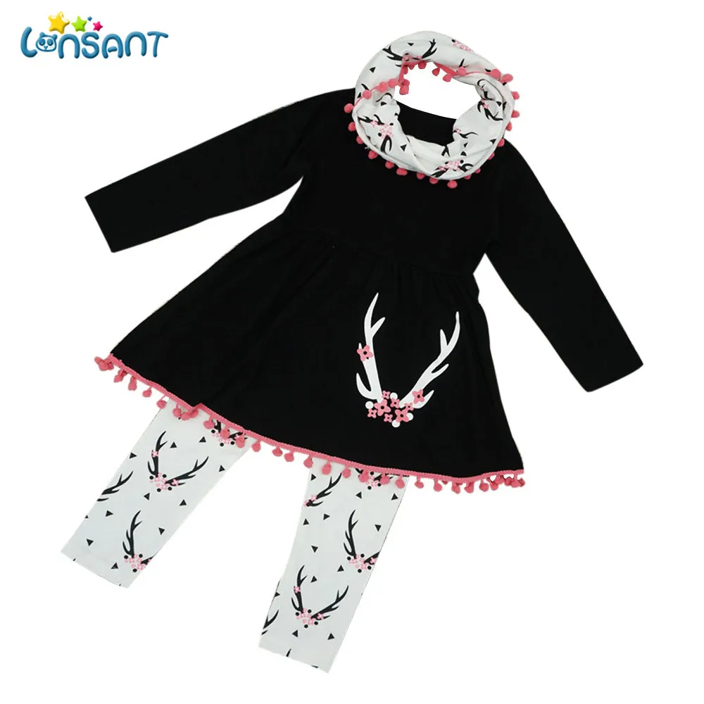 

LONSANT 2018 FASHION Baby suits Girls Winter Wildlife Tunic Dress Pants Scarf 3PCS Outfits Kids Clothes Set for baby girl warm