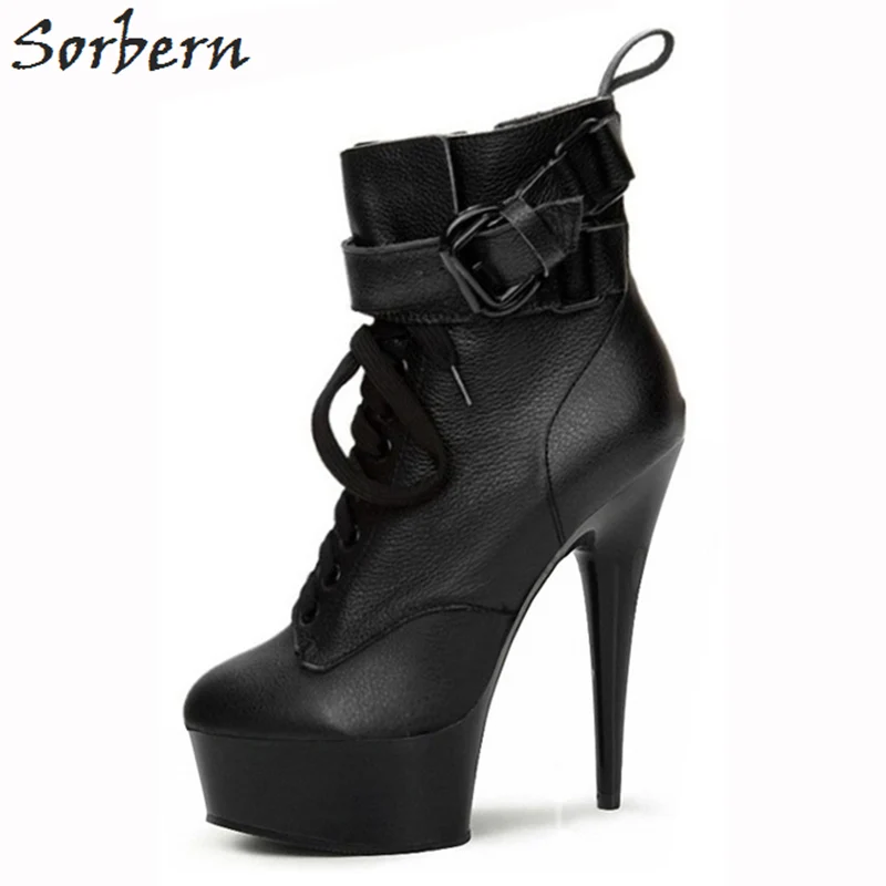 Sorbern 15CM Ankle Boots For Women Plus Size Lace Up Ladies Party Boots Buckle Strap Botas Mujer Unisex Women B