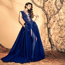 Темно-синий бальное платье Открыть ног шифон Вечерние модные ziadnakad строгое вечернее платье с аппликациями платья