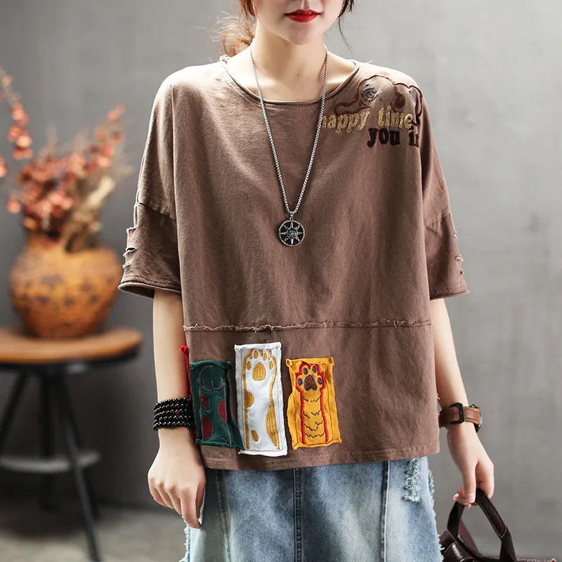 

Women Summer Fashion China Style Vintage Hole Cat Claw Letter Embroidery Patchwork Cotton T-shirt Female Casual Loose Tee Tshirt